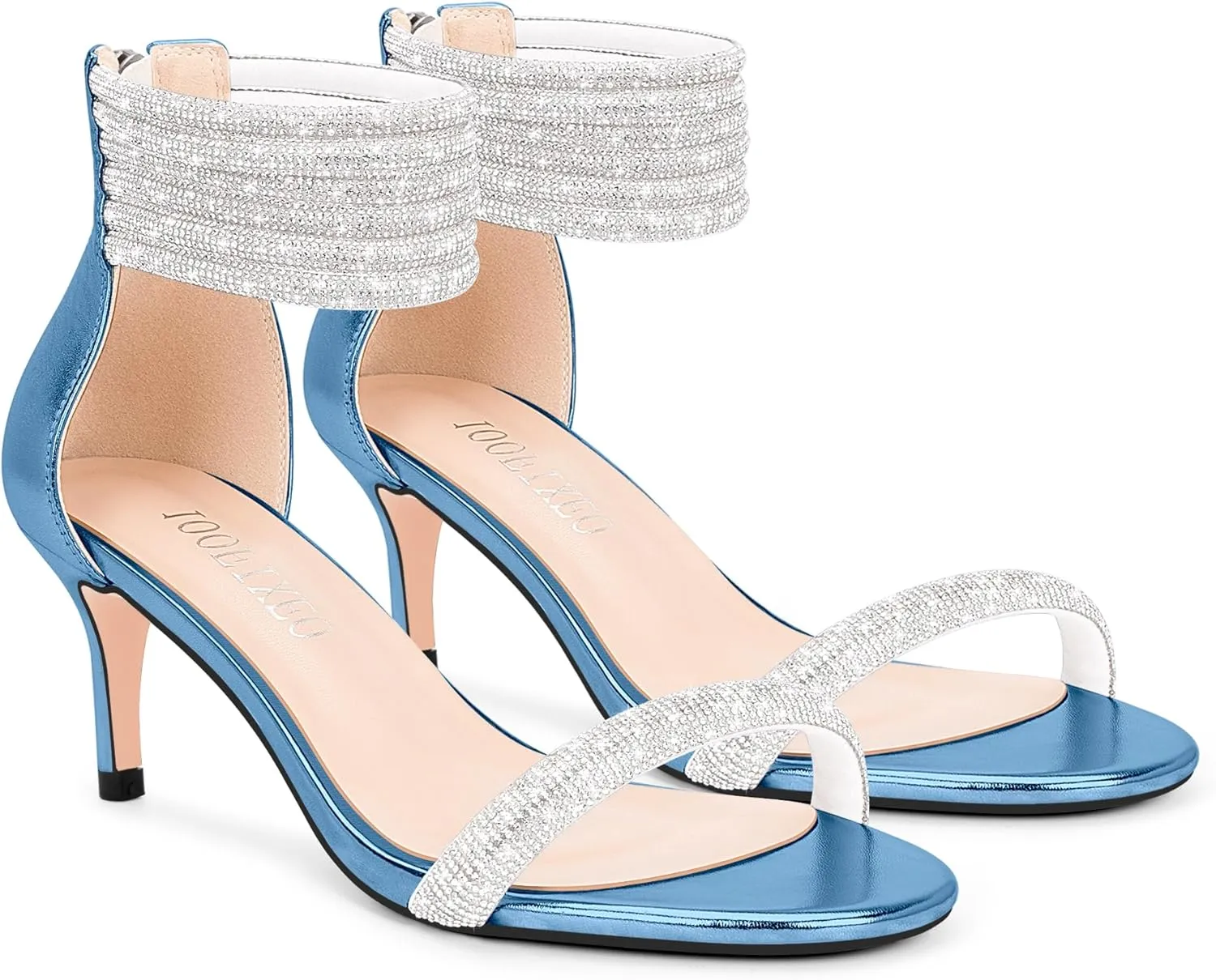 100FIXEO Rhinestone Embellishment Stiletto Heels Sandals Open Toe Ankle Strap Wedding Dress Shoes