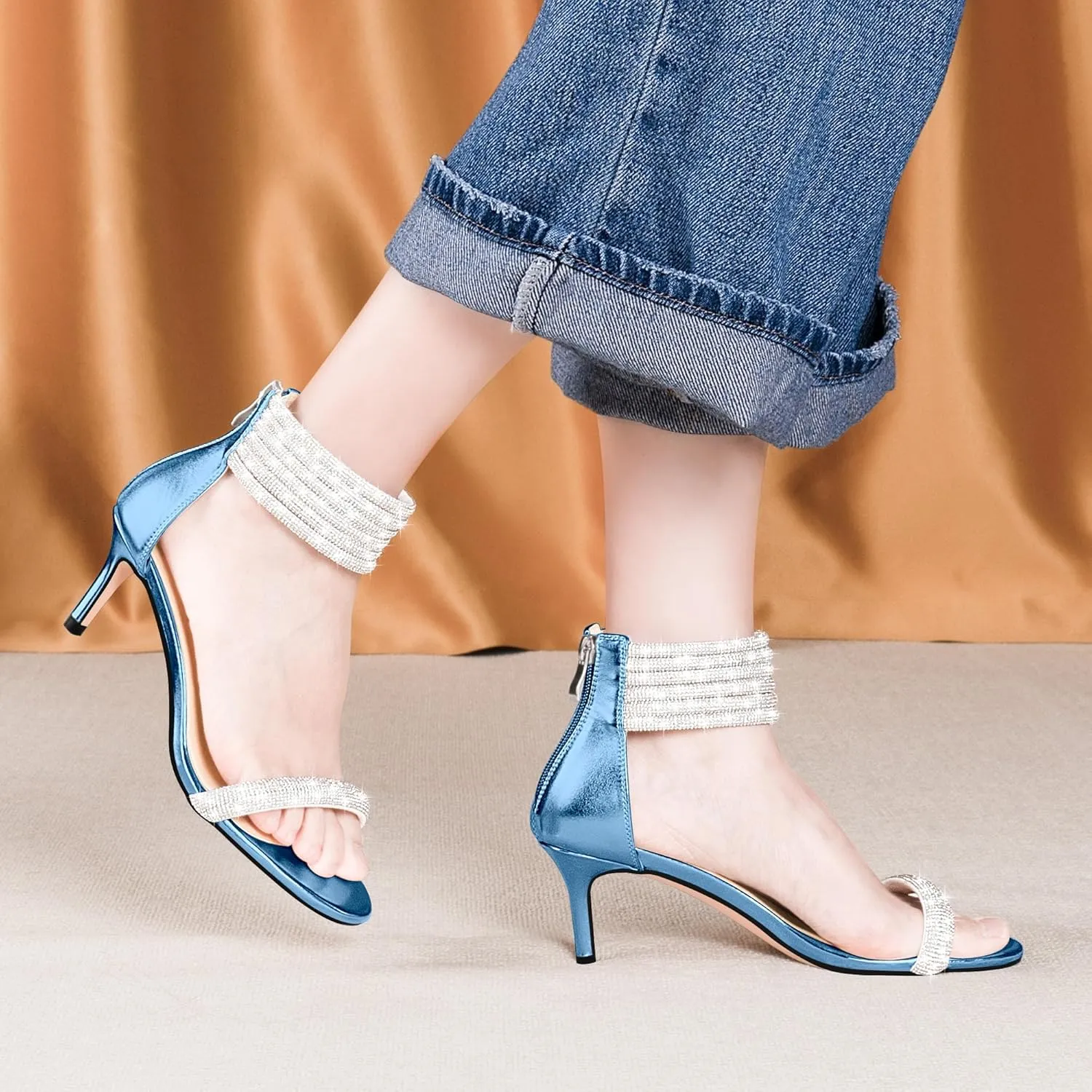 100FIXEO Rhinestone Embellishment Stiletto Heels Sandals Open Toe Ankle Strap Wedding Dress Shoes