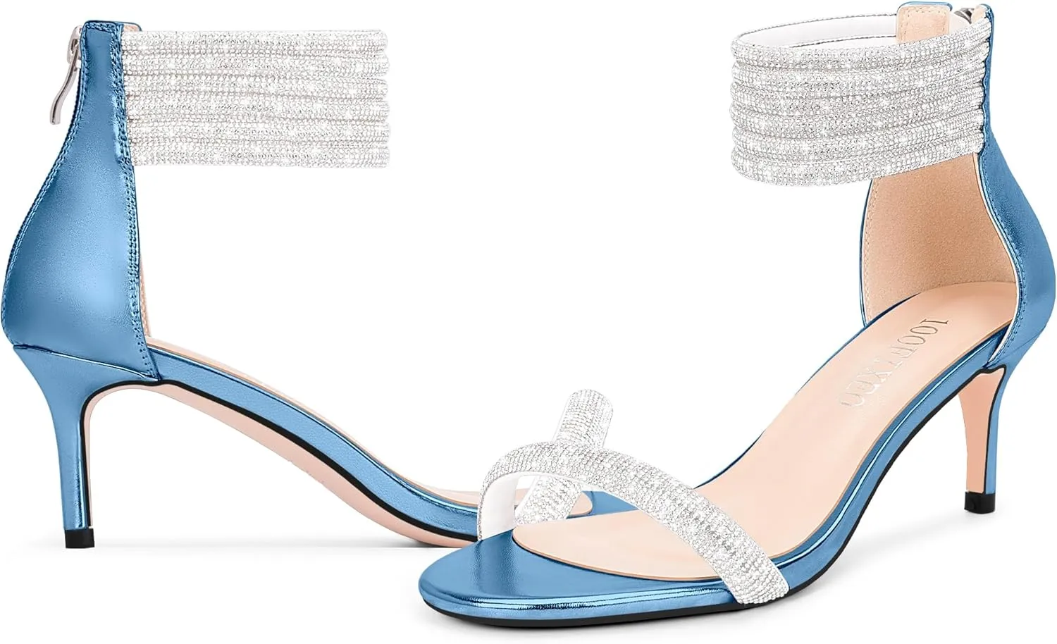 100FIXEO Rhinestone Embellishment Stiletto Heels Sandals Open Toe Ankle Strap Wedding Dress Shoes