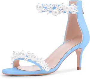 100FIXEO Women's Pearl Low Kitten Heel Ankle Strap Heeled Sandals Open Toe Wedding Bride Dress Shoes