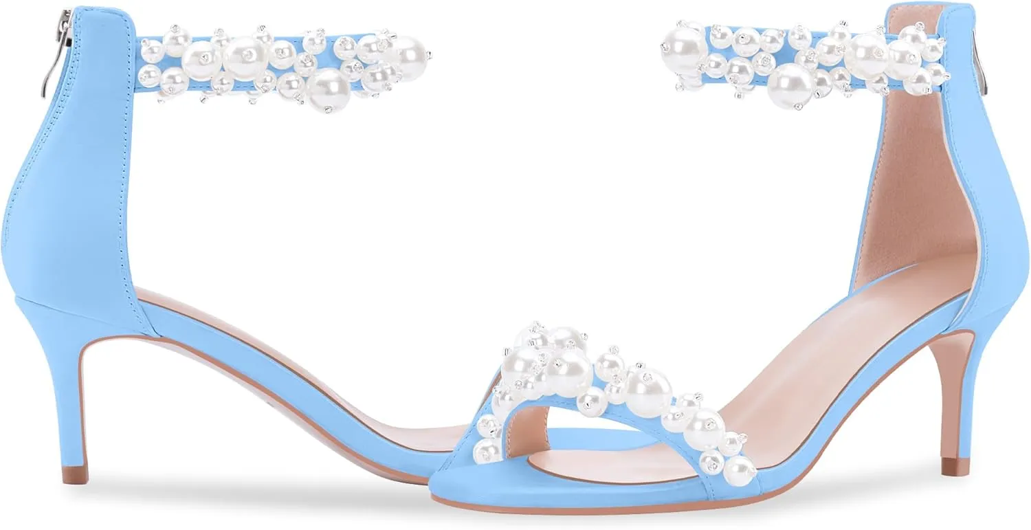 100FIXEO Women's Pearl Low Kitten Heel Ankle Strap Heeled Sandals Open Toe Wedding Bride Dress Shoes