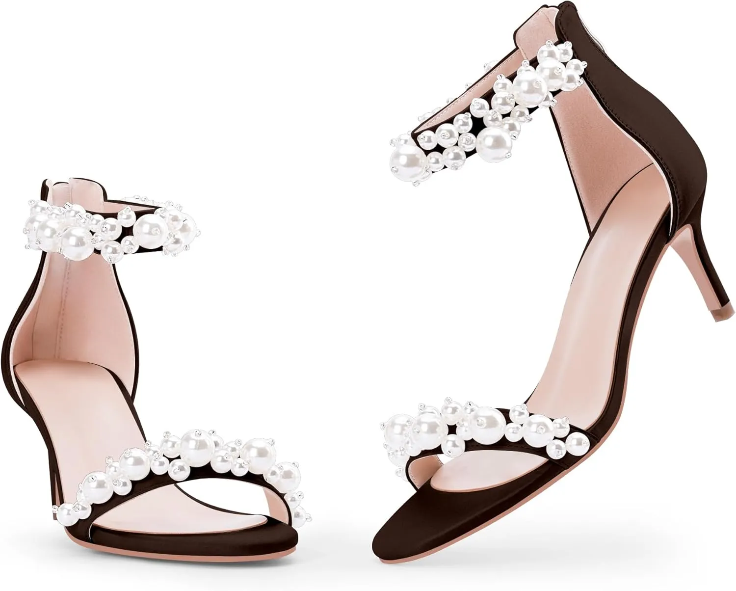 100FIXEO Women's Pearl Low Kitten Heel Ankle Strap Heeled Sandals Open Toe Wedding Bride Dress Shoes