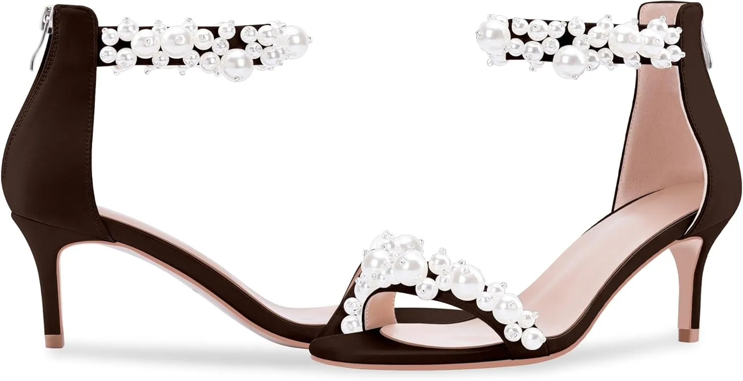 100FIXEO Women's Pearl Low Kitten Heel Ankle Strap Heeled Sandals Open Toe Wedding Bride Dress Shoes