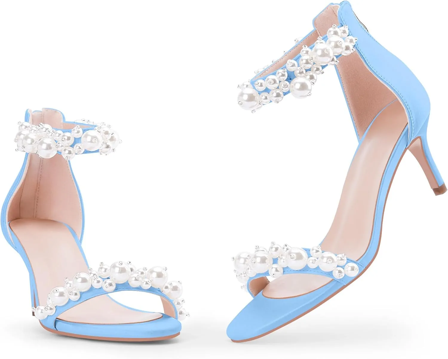 100FIXEO Women's Pearl Low Kitten Heel Ankle Strap Heeled Sandals Open Toe Wedding Bride Dress Shoes