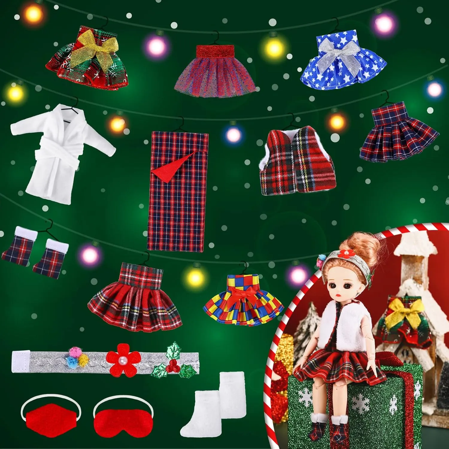 14 Pieces Christmas Doll on Clothes Doll Accessories Set Outfits Including Skirts, Bathrobe, Sleeping Bag, Fluffy Vest, Shirt, Scarf, Eye Cover and Boots for Xmas Doll Decor(Novel Style)