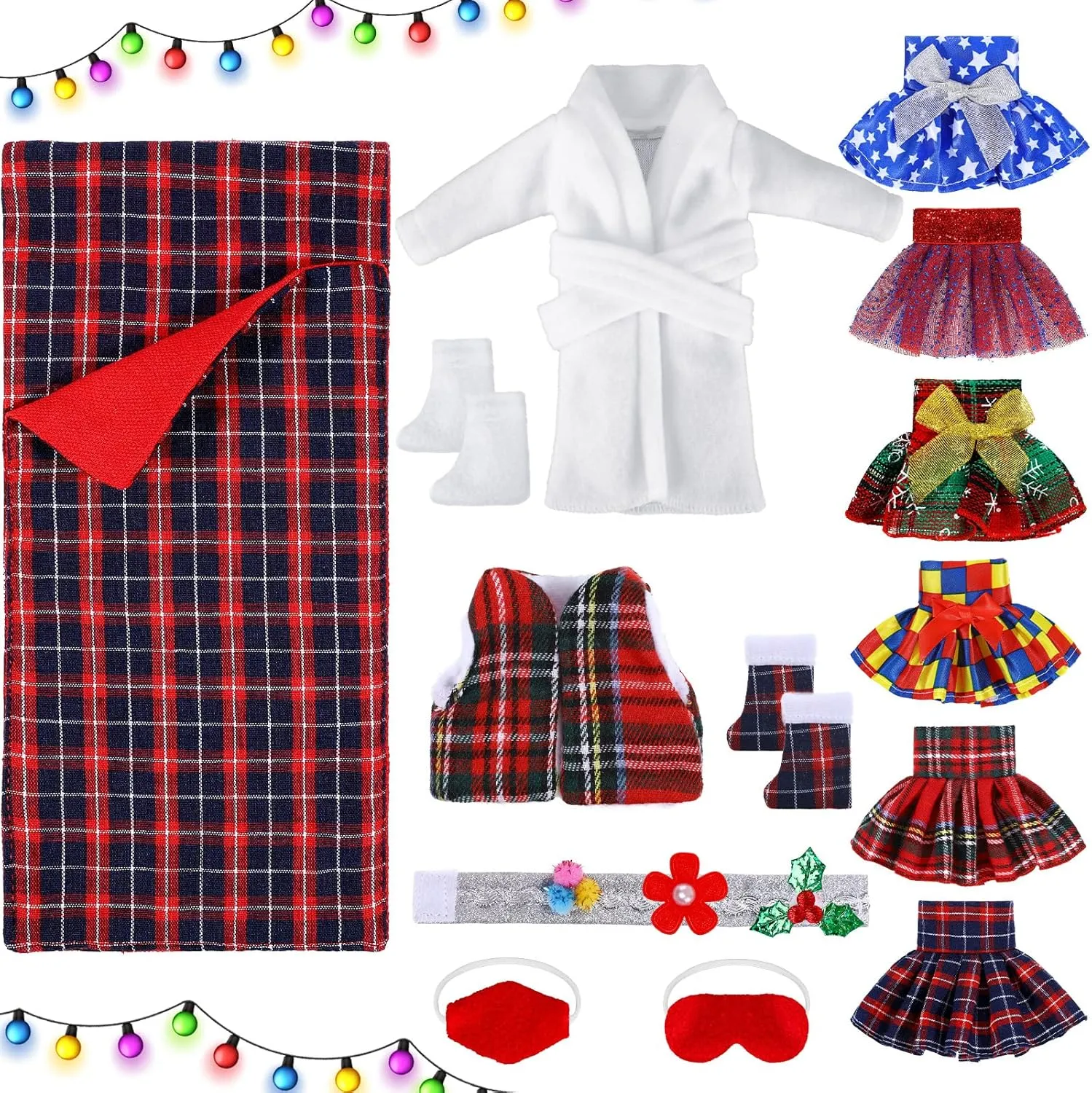 14 Pieces Christmas Doll on Clothes Doll Accessories Set Outfits Including Skirts, Bathrobe, Sleeping Bag, Fluffy Vest, Shirt, Scarf, Eye Cover and Boots for Xmas Doll Decor(Novel Style)