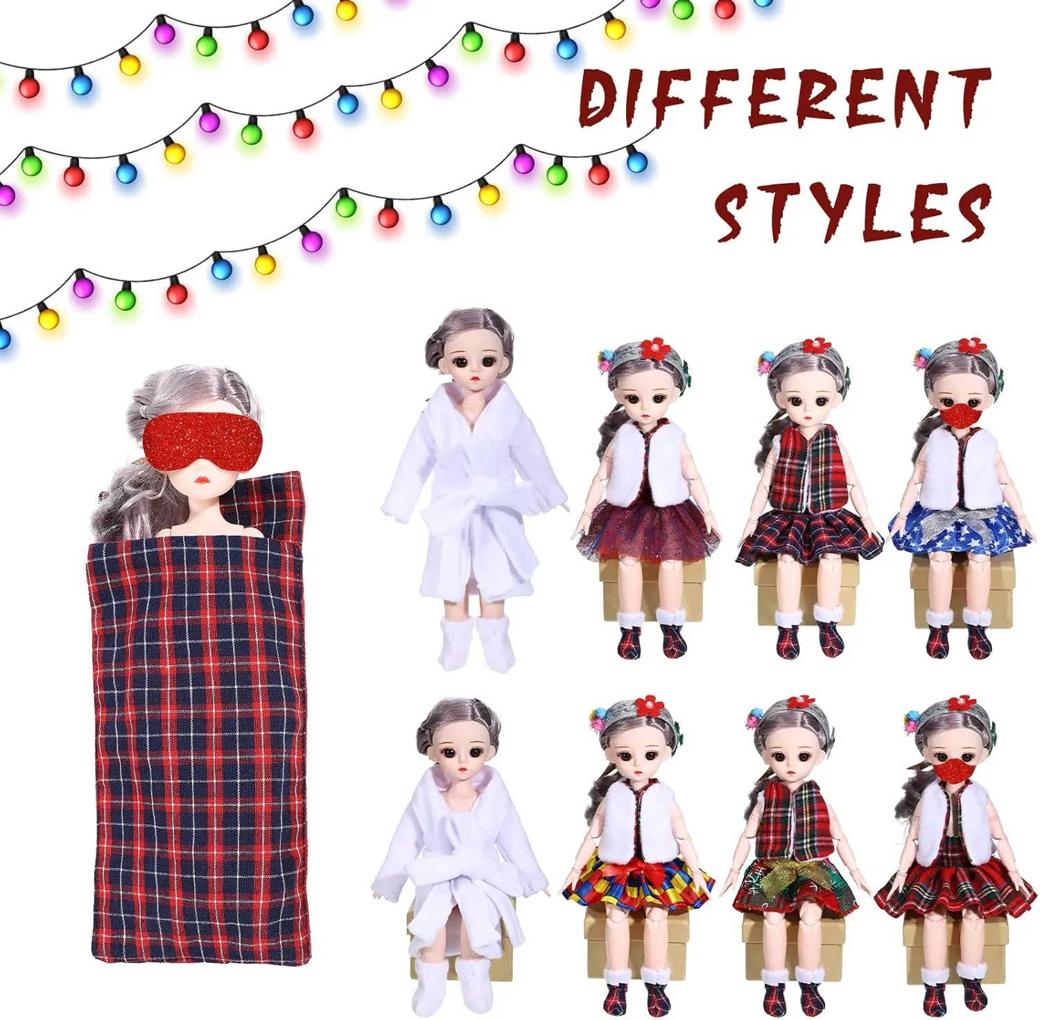 14 Pieces Christmas Doll on Clothes Doll Accessories Set Outfits Including Skirts, Bathrobe, Sleeping Bag, Fluffy Vest, Shirt, Scarf, Eye Cover and Boots for Xmas Doll Decor(Novel Style)
