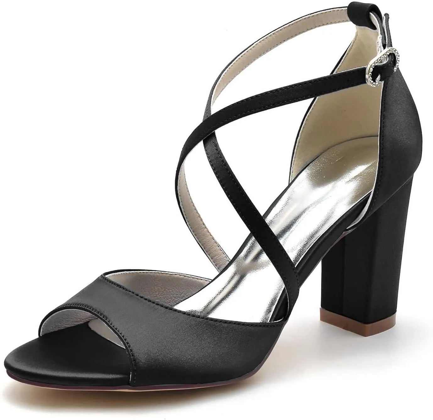3.34 Inches White Womens Heeled Sandals Buckle Open Toe Satin Elegant Simple Wedding Party Bridal Shoes Block Heel Ankle Strap Sandals