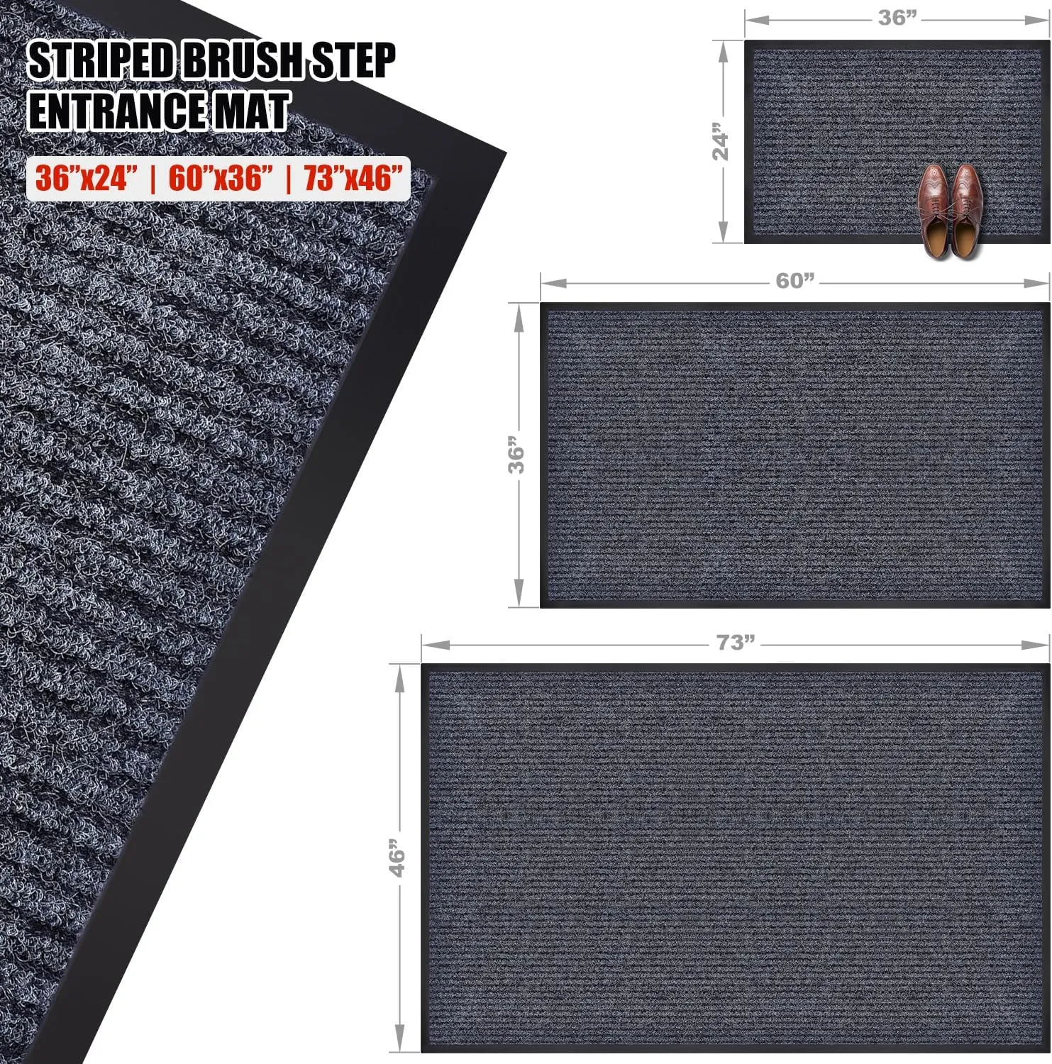 36" x 24" Inch Striped Brush Step Entrance Mat, Front Door Mat Welcome Floor Mats, Entryway Entrance Doormats, Patio Porch Muddy Shoe, Low Profile, Easy to Clean (36"x24"-4Pack)