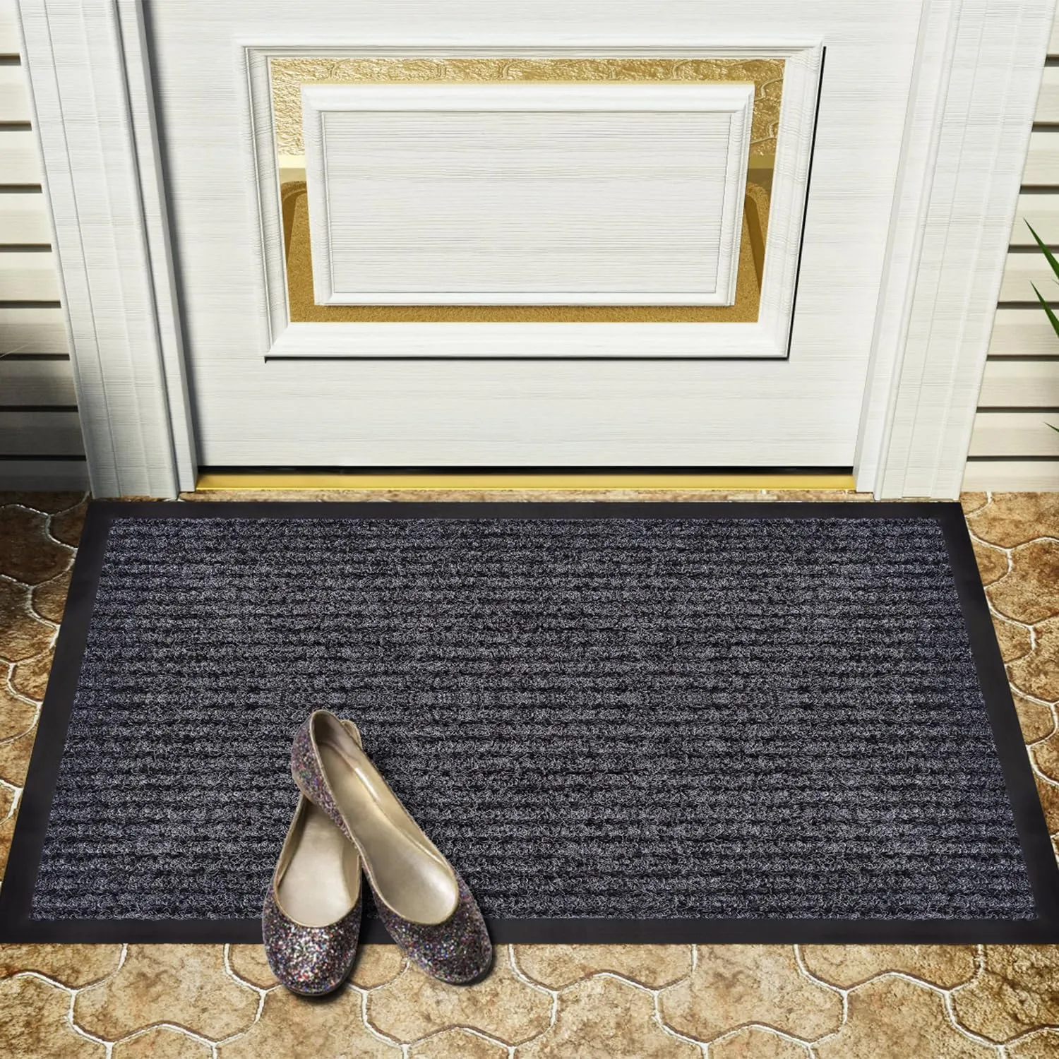36" x 24" Inch Striped Brush Step Entrance Mat, Front Door Mat Welcome Floor Mats, Entryway Entrance Doormats, Patio Porch Muddy Shoe, Low Profile, Easy to Clean (36"x24"-4Pack)