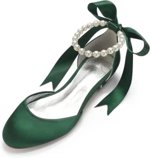 ADMLZQQ Women's Pointed Toe Pearl Satin Wedding Shoes for Bride Flats Ankle Strap Bridal Shoes Formal Prom Party Dress Sandals