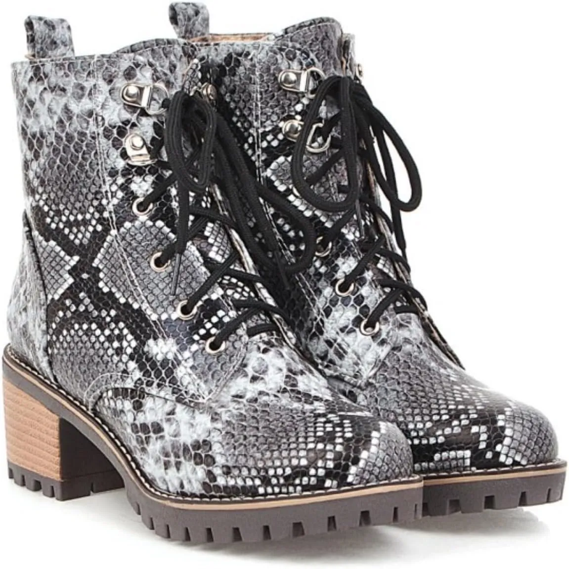 Aflngle Women's Snakeskin Printed Lace Up Chunky Heel Flat Ankle Boots Fashion Round Closed Toe Low Heel Block Short Boots Comfortable Slip on Gothic Chelsea Booties