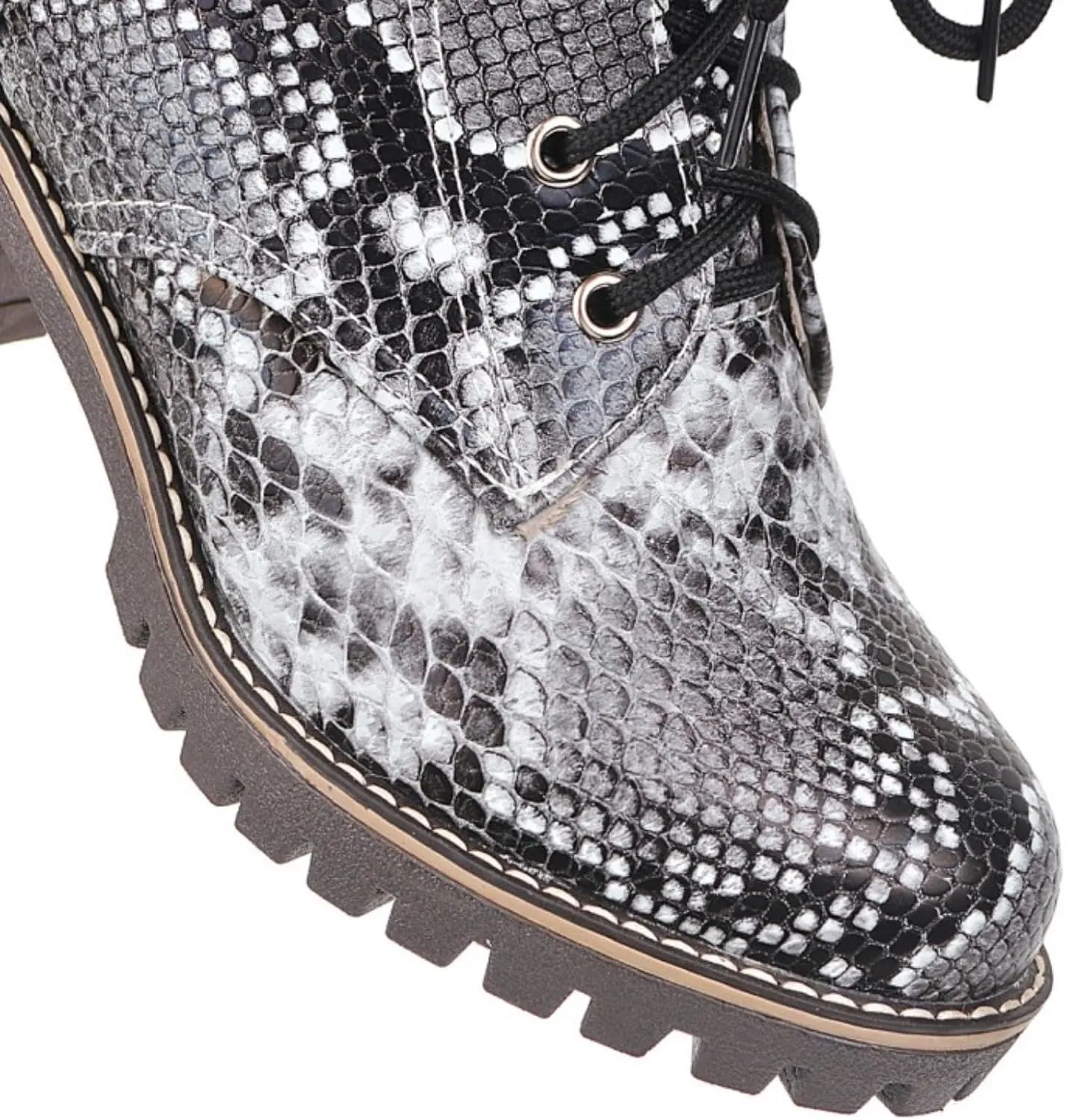 Aflngle Women's Snakeskin Printed Lace Up Chunky Heel Flat Ankle Boots Fashion Round Closed Toe Low Heel Block Short Boots Comfortable Slip on Gothic Chelsea Booties