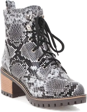 Aflngle Women's Snakeskin Printed Lace Up Chunky Heel Flat Ankle Boots Fashion Round Closed Toe Low Heel Block Short Boots Comfortable Slip on Gothic Chelsea Booties