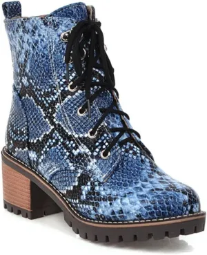 Aflngle Women's Snakeskin Printed Lace Up Chunky Heel Flat Ankle Boots Fashion Round Closed Toe Low Heel Block Short Boots Comfortable Slip on Gothic Chelsea Booties