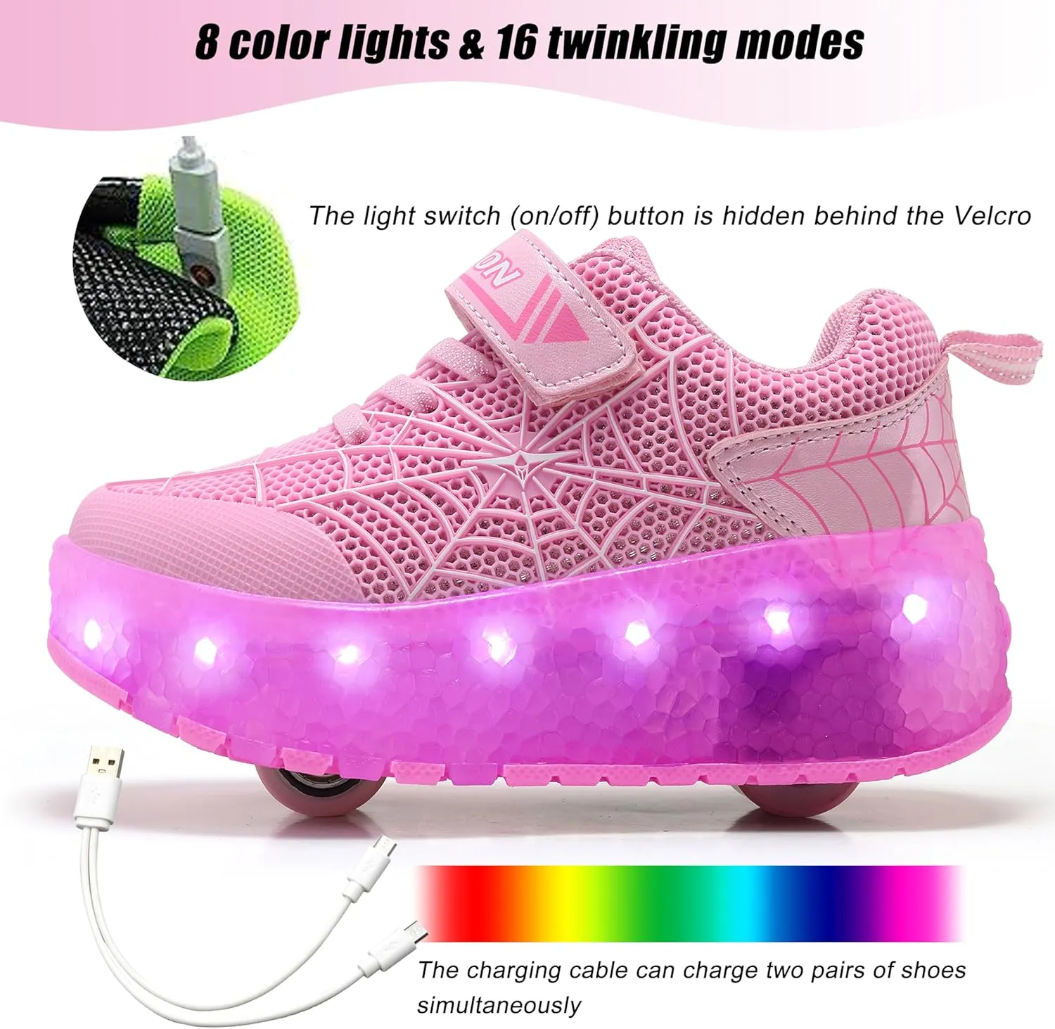 Aikuass USB Chargable LED Light Up Roller Shoes Wheeled Skate Sneaker Shoes for Boys Girls Kids
