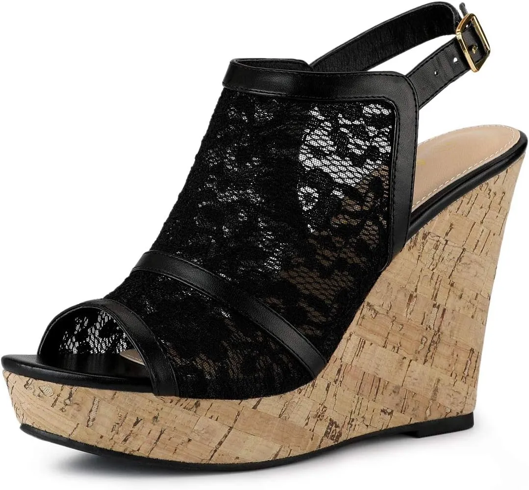 Allegra K Women's Open Toe Platform Heel Lace Wedges Sandals