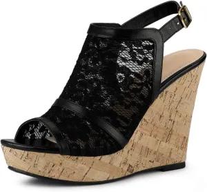Allegra K Women's Open Toe Platform Heel Lace Wedges Sandals