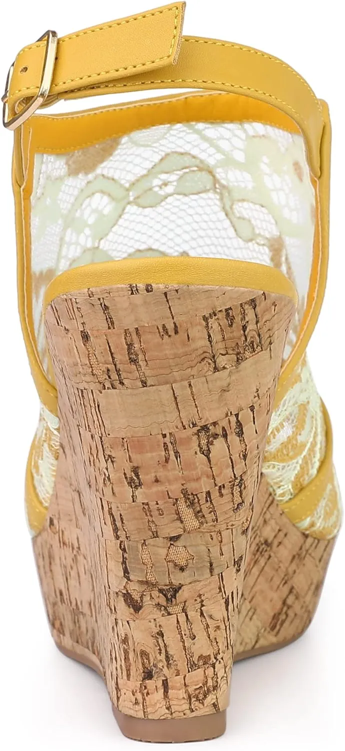 Allegra K Women's Open Toe Platform Heel Lace Wedges Sandals
