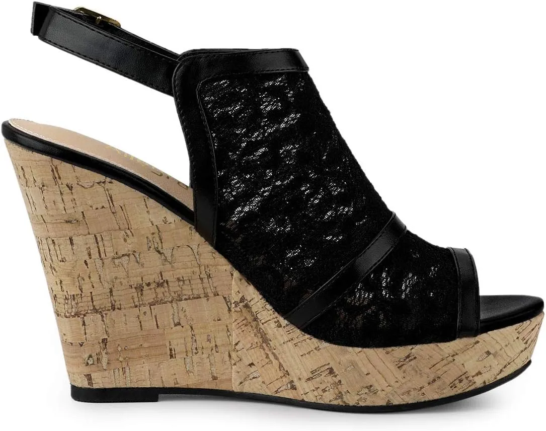 Allegra K Women's Open Toe Platform Heel Lace Wedges Sandals