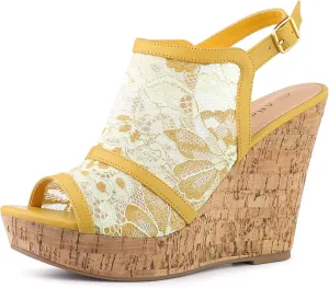 Allegra K Women's Open Toe Platform Heel Lace Wedges Sandals
