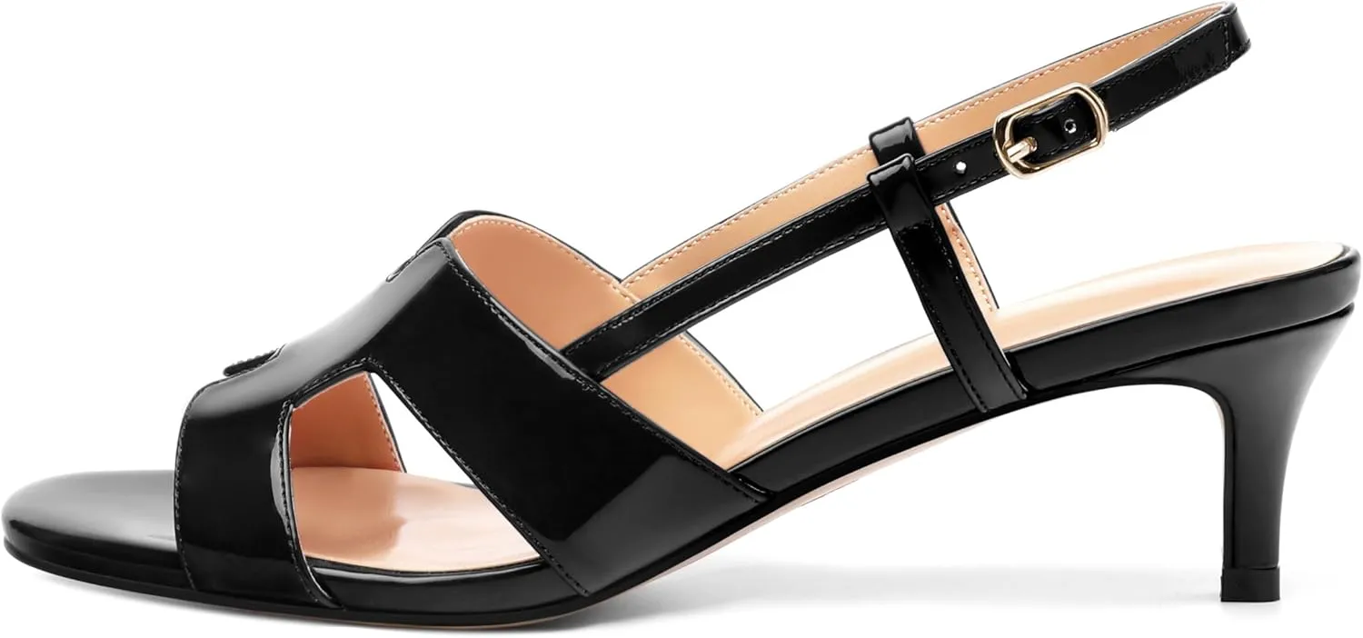 AMBELIGHT Womens Dressy Heels Buckle Dating Patent Slingback Pumps Open Toe Kitten Low Heel Heeled Sandals 2 Inch