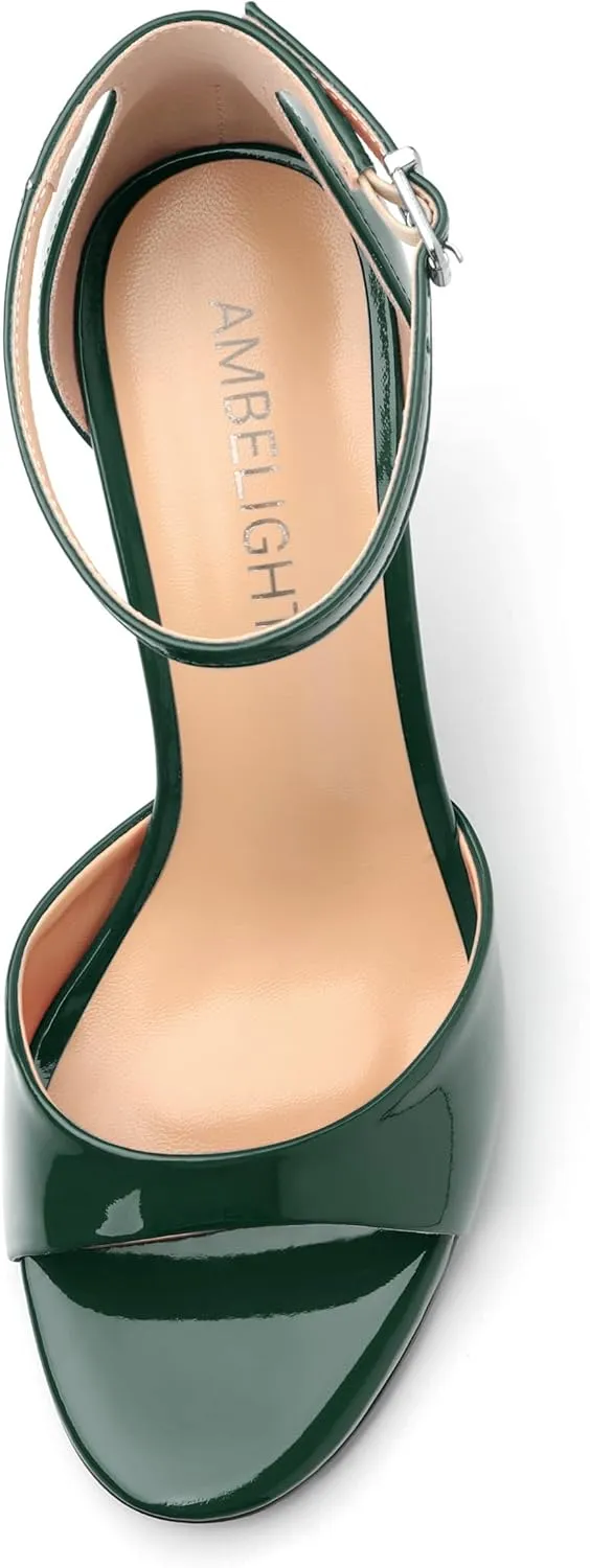 AMBELIGHT Women's Sexy Stiletto High Kitten Patent Heels Ankle Strap Buckle Round Peep Open Toe Sandals Elegant Dress Office Party Wedding Shoes For Women 3.5 Inch