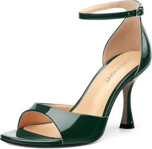 AMBELIGHT Women's Sexy Stiletto High Kitten Patent Heels Ankle Strap Buckle Round Peep Open Toe Sandals Elegant Dress Office Party Wedding Shoes For Women 3.5 Inch