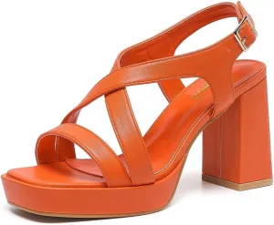 Amoji Women 4 Inch Block Heels Platform Cross Strap Chunky Heeled Sandals 318