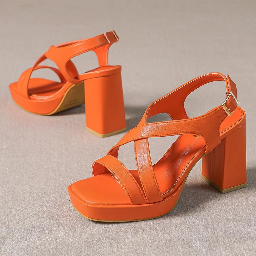Amoji Women 4 Inch Block Heels Platform Cross Strap Chunky Heeled Sandals 318