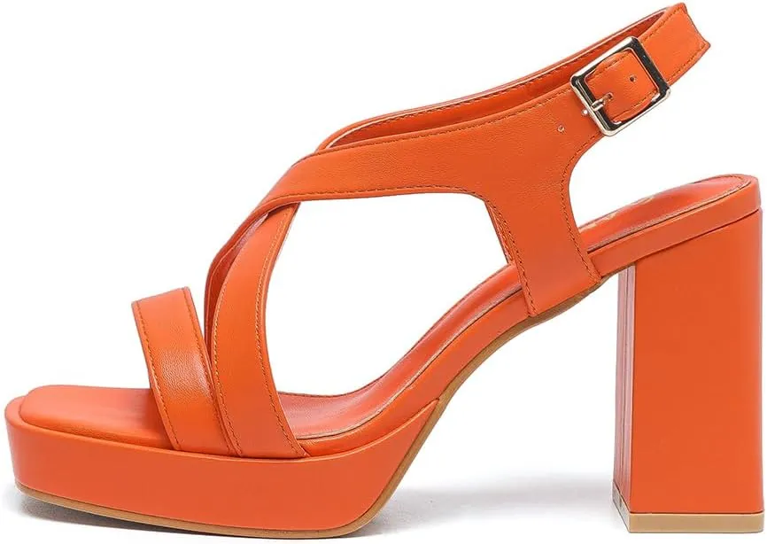 Amoji Women 4 Inch Block Heels Platform Cross Strap Chunky Heeled Sandals 318