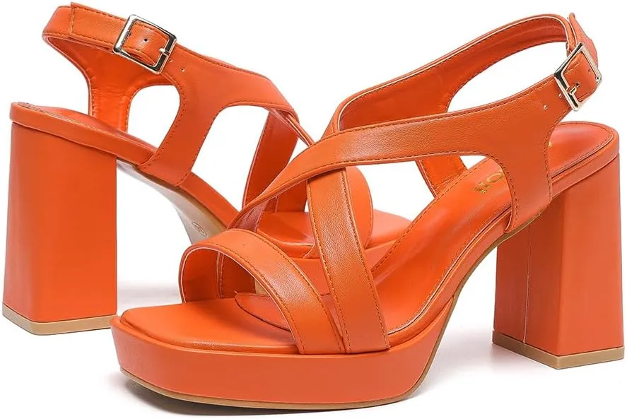 Amoji Women 4 Inch Block Heels Platform Cross Strap Chunky Heeled Sandals 318