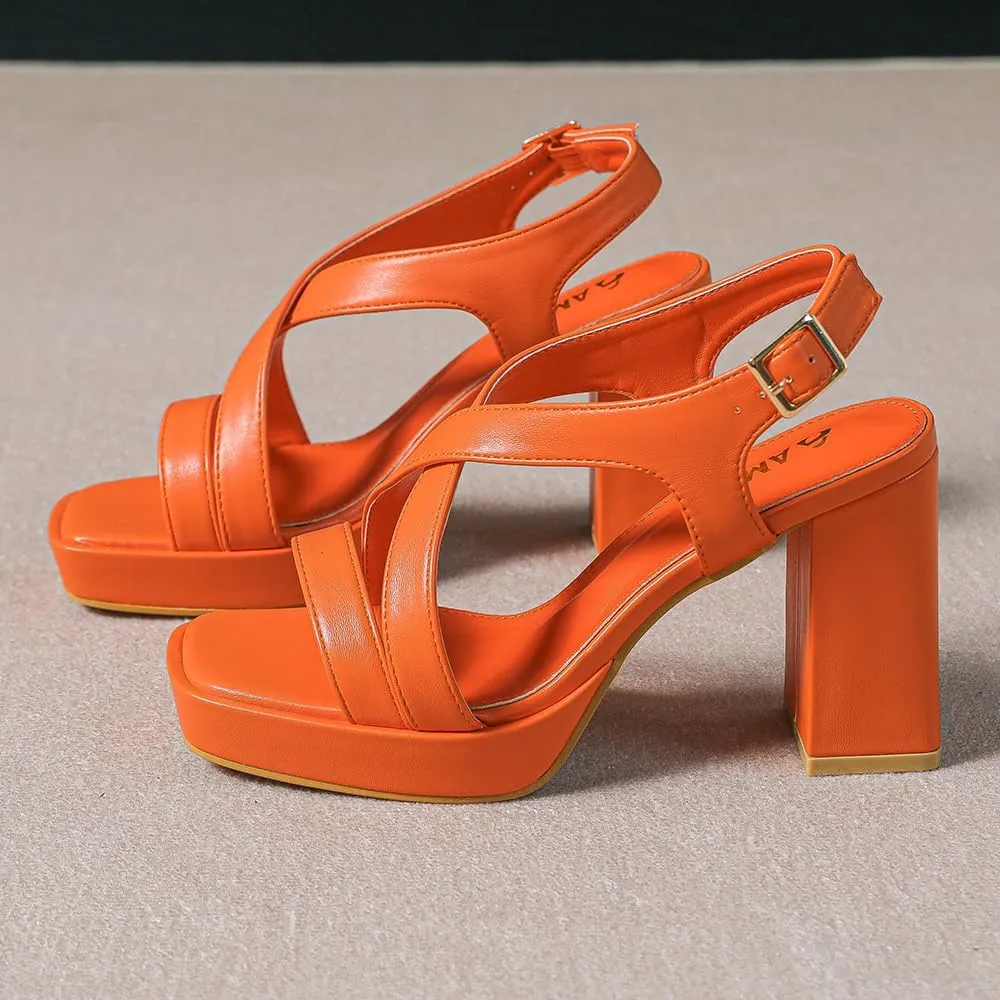 Amoji Women 4 Inch Block Heels Platform Cross Strap Chunky Heeled Sandals 318