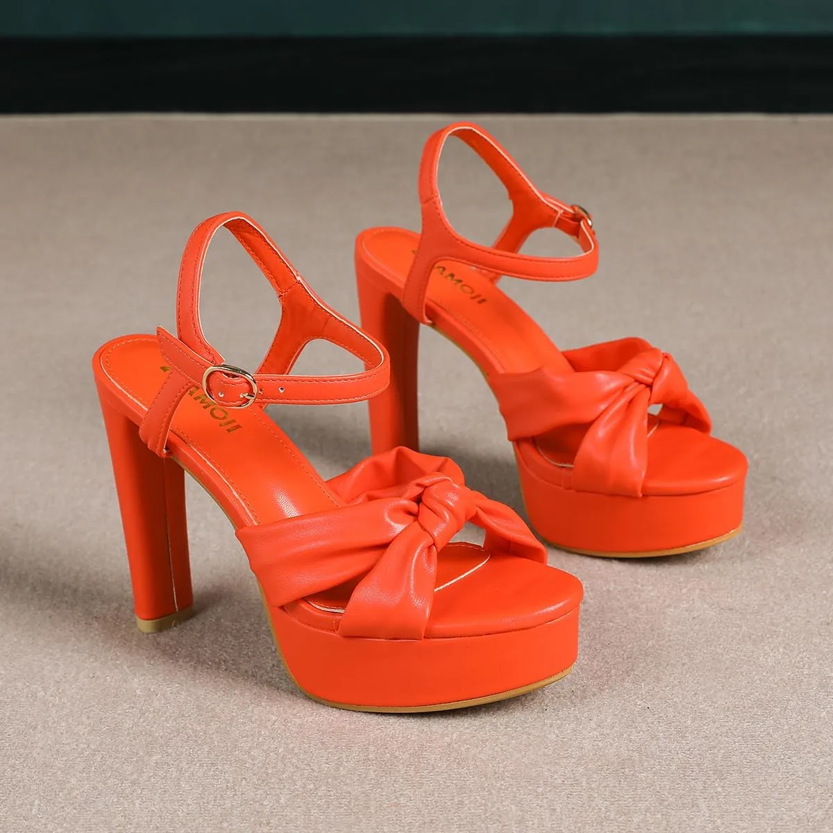 Amoji Women 4 Inch Block Platform Heels Braid Knot Lady Heeled Sandals FZ322