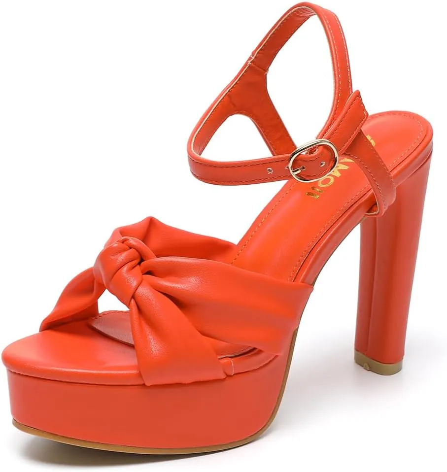Amoji Women 4 Inch Block Platform Heels Braid Knot Lady Heeled Sandals FZ322