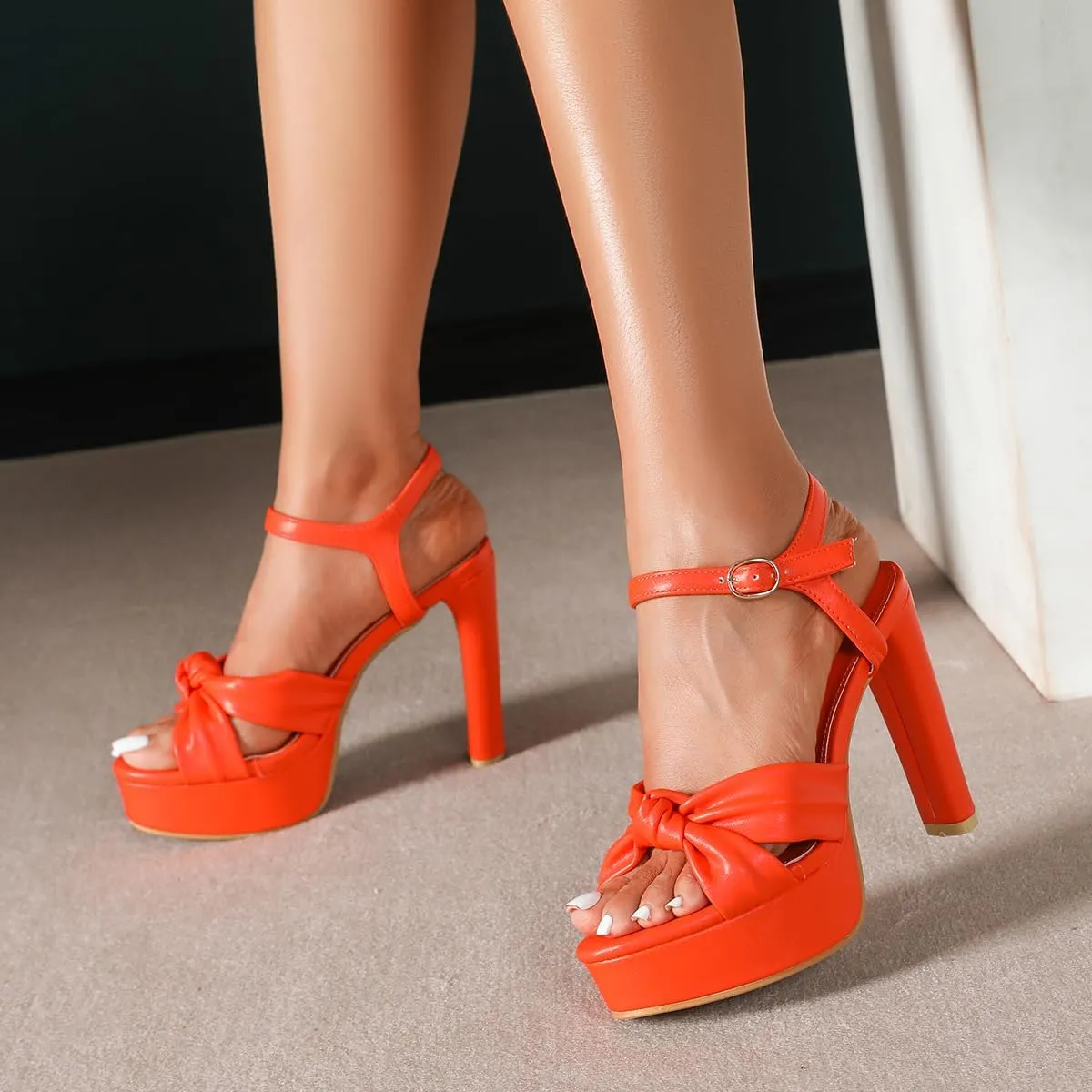 Amoji Women 4 Inch Block Platform Heels Braid Knot Lady Heeled Sandals FZ322