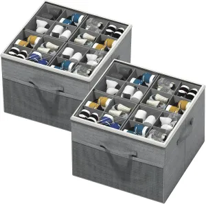 Aokeyee Shoe Organizer for Closet,2 Pack Foldable Shoe Storage Organizer Box Bin with Adjustable Dividers and Clear Cover, Fits up to 16-32 Pairs, (Grey)