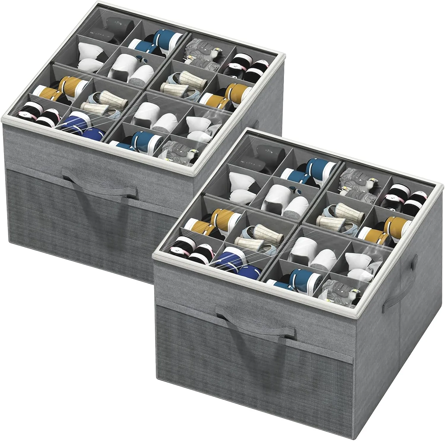 Aokeyee Shoe Organizer for Closet,2 Pack Foldable Shoe Storage Organizer Box Bin with Adjustable Dividers and Clear Cover, Fits up to 16-32 Pairs, (Grey)