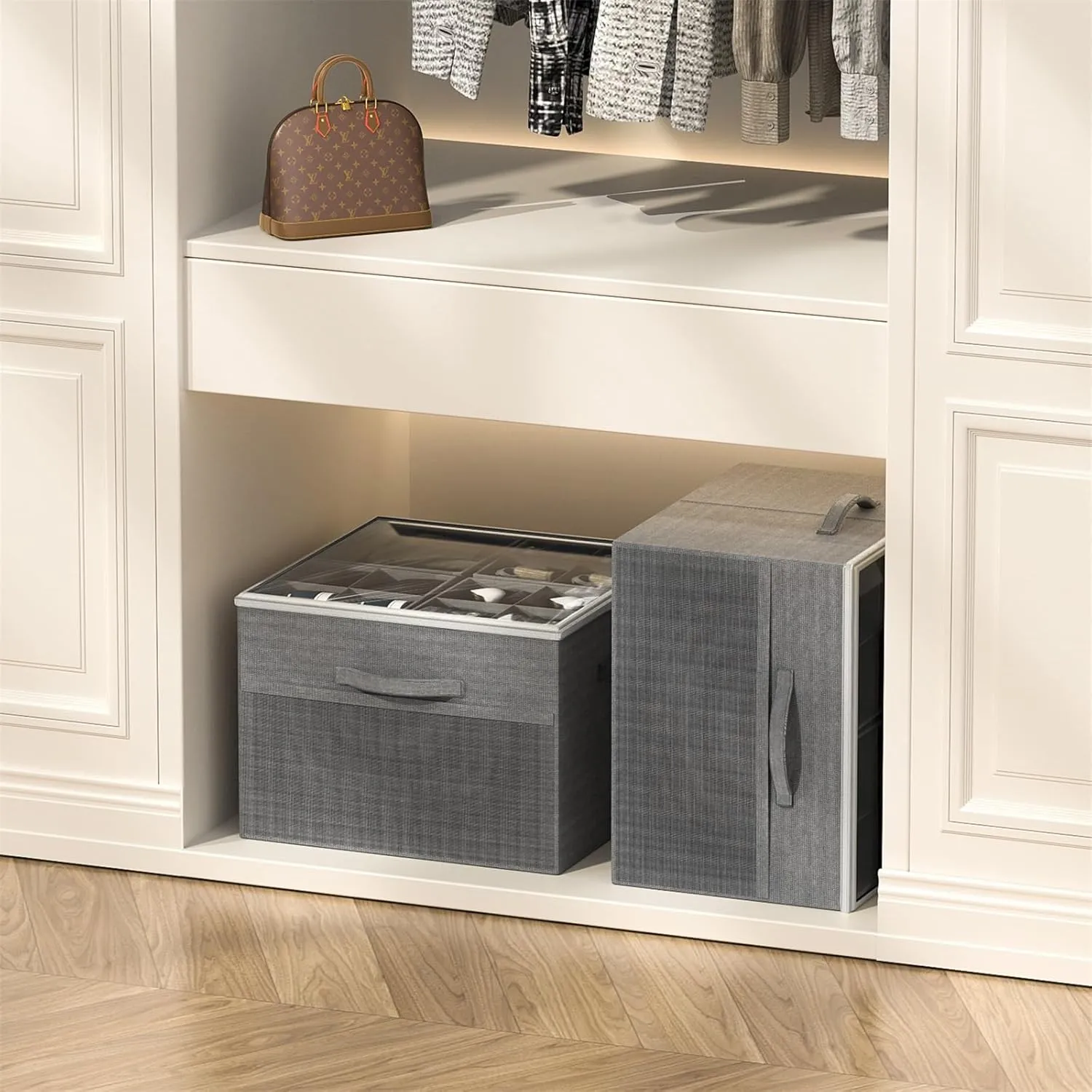 Aokeyee Shoe Organizer for Closet,2 Pack Foldable Shoe Storage Organizer Box Bin with Adjustable Dividers and Clear Cover, Fits up to 16-32 Pairs, (Grey)