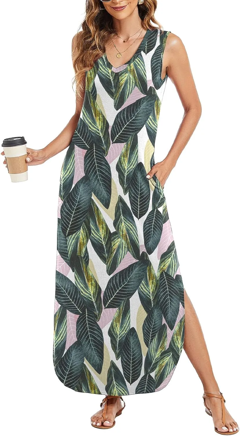 Arolina Maxi Dress for Women Tropical Summer V Neck Sleeveless Split Long Beach Dresses Casual Loose Sundress with Pockets