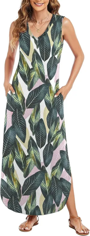 Arolina Maxi Dress for Women Tropical Summer V Neck Sleeveless Split Long Beach Dresses Casual Loose Sundress with Pockets