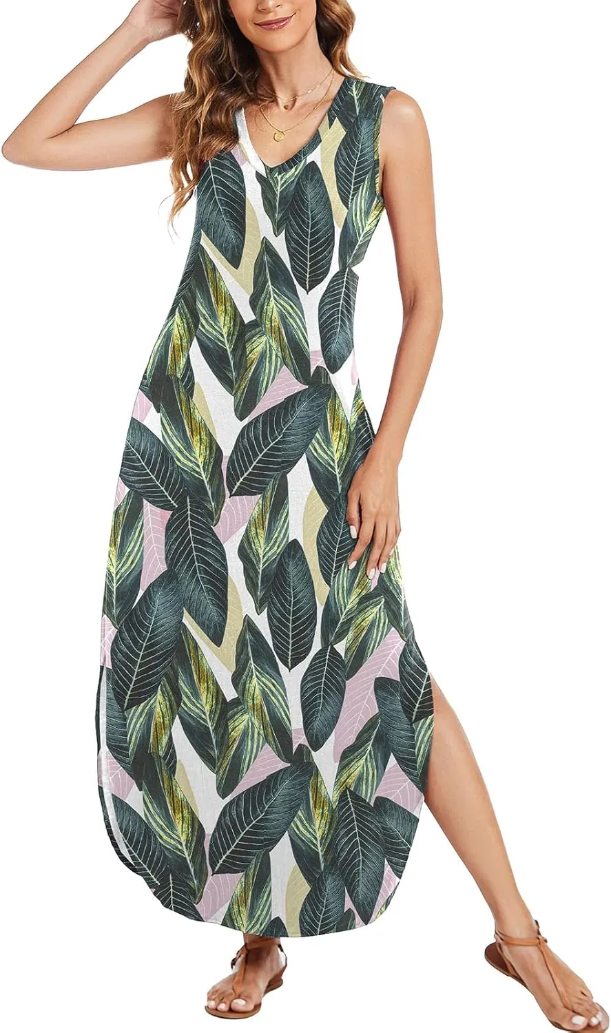 Arolina Maxi Dress for Women Tropical Summer V Neck Sleeveless Split Long Beach Dresses Casual Loose Sundress with Pockets