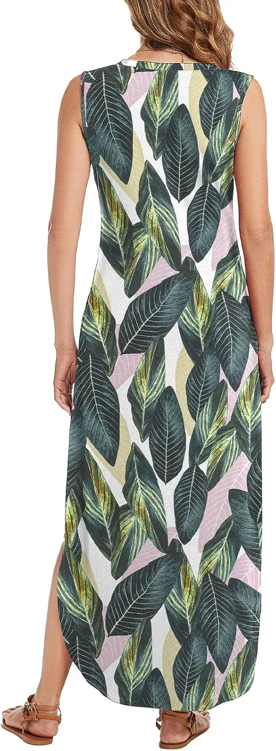 Arolina Maxi Dress for Women Tropical Summer V Neck Sleeveless Split Long Beach Dresses Casual Loose Sundress with Pockets