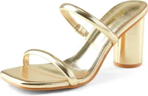 Arromic Women's Heeled Sandals Square Toe Two Strap Block Heels for Women Comfortable Strappy Heels Slip on Heeled Sandals for Women Dressy