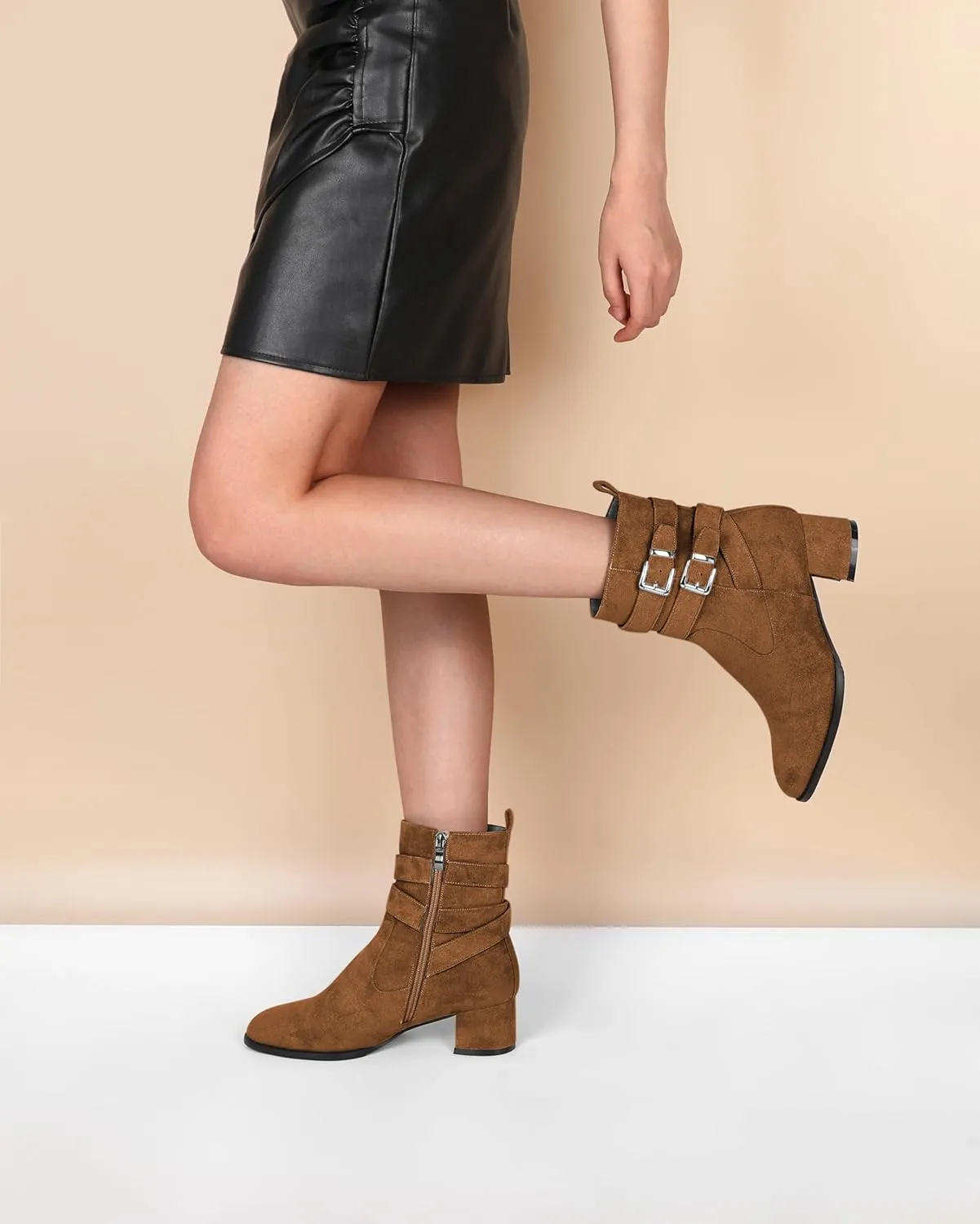 AUMOTED Kitten Low Ankle Boots for Women Chunky Block Heel Bootie Side Zipper Round Toe Double Adjustable Buckle Boots Women 2 Inch Heeled Boots
