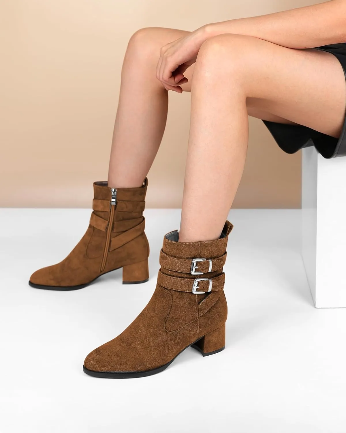 AUMOTED Kitten Low Ankle Boots for Women Chunky Block Heel Bootie Side Zipper Round Toe Double Adjustable Buckle Boots Women 2 Inch Heeled Boots