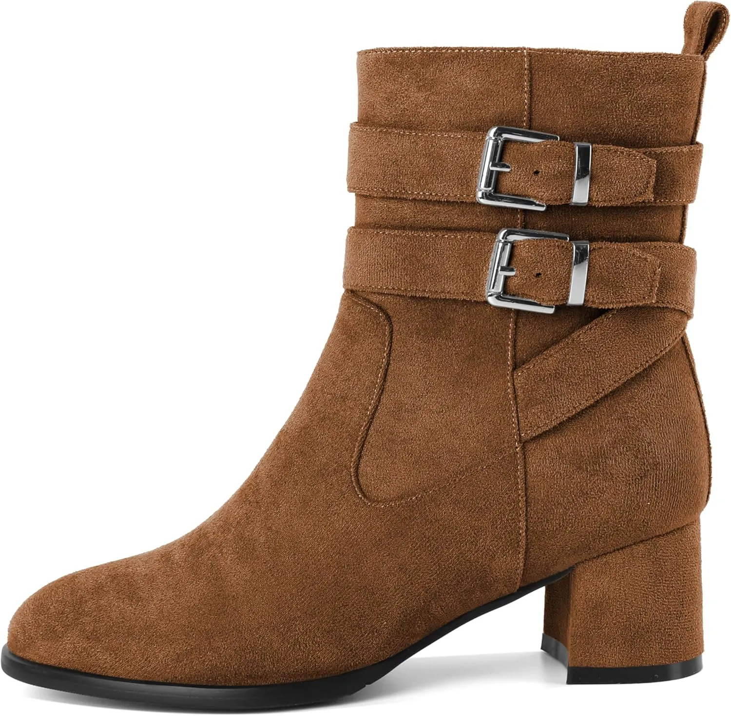 AUMOTED Kitten Low Ankle Boots for Women Chunky Block Heel Bootie Side Zipper Round Toe Double Adjustable Buckle Boots Women 2 Inch Heeled Boots