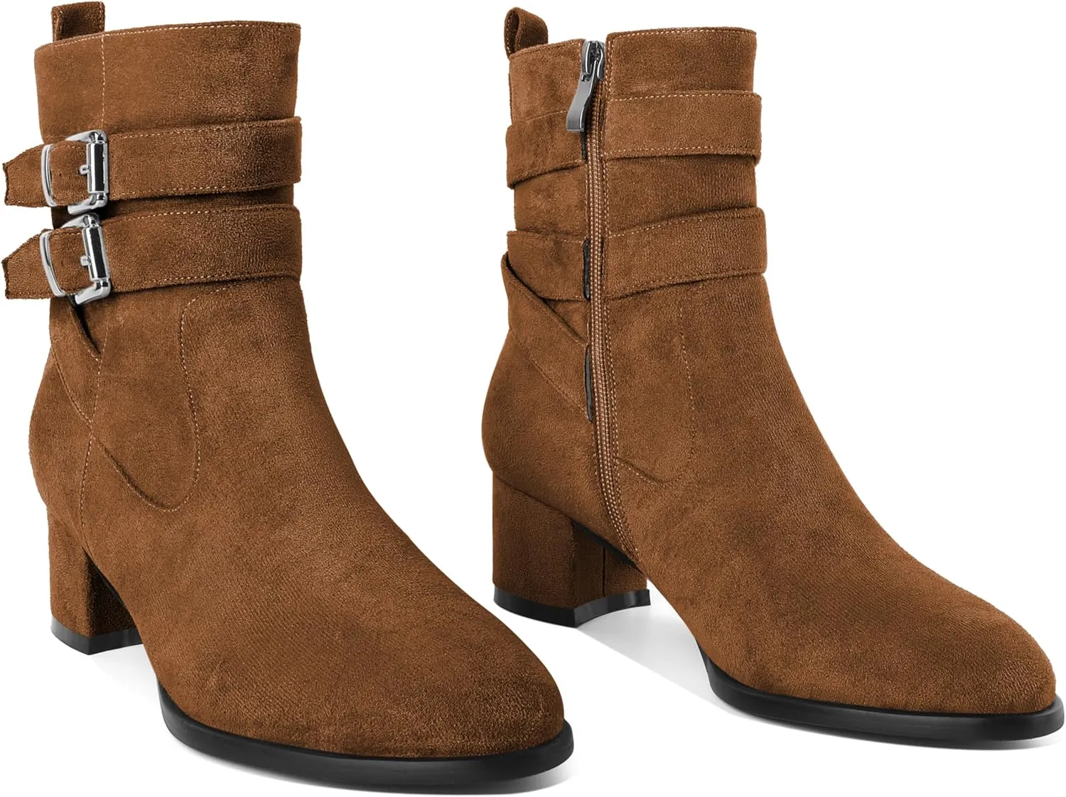 AUMOTED Kitten Low Ankle Boots for Women Chunky Block Heel Bootie Side Zipper Round Toe Double Adjustable Buckle Boots Women 2 Inch Heeled Boots
