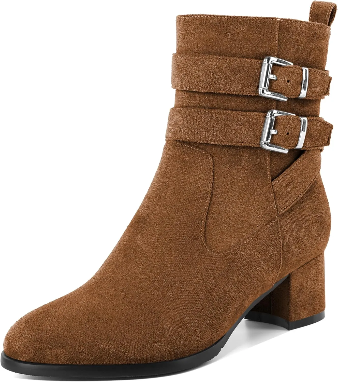 AUMOTED Kitten Low Ankle Boots for Women Chunky Block Heel Bootie Side Zipper Round Toe Double Adjustable Buckle Boots Women 2 Inch Heeled Boots