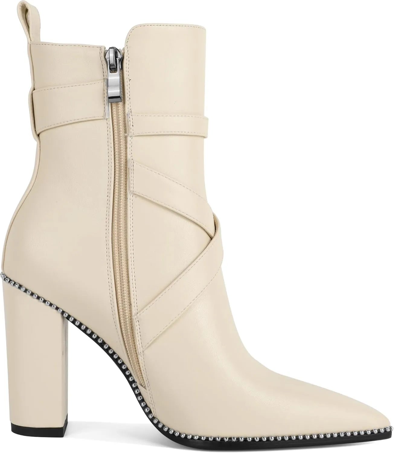 AUMOTED Womens Pointed Toe Beaded Chunky Ankle Boots Side Zipper 3.5 Inches High Heel Western Boots